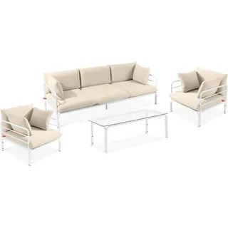 Gartenmöbelset RAMBE 4-tlg. 1x Tisch 2x Sessel 1x Sofa 3-Sitzer, mit Auflage, Stahlrahmen, LOFT-STIL, Weiß/Cremeweiß - Creme