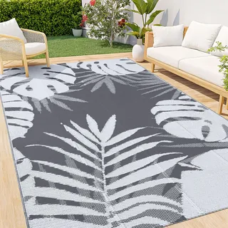 Homaxy Outdoor Teppich Wetterfest, Kunststoff Stroh Faltbar Waschbar UV-beständig Wendbar Balkon Garten Teppich für Terrasse Camping Picknick - 120 x 180 cm, Weiß & Grau