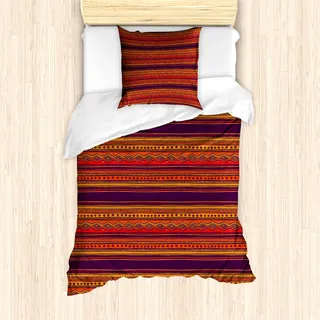 ABAKUHAUS Ethno Boho Bettbezug Set für Einzelbetten, Abstraktes Ethno Art, Milbensicher Allergiker geeignet mit Kissenbezug, Ringelblume Pflaume Zinnoberrot Hell Orange - Orange