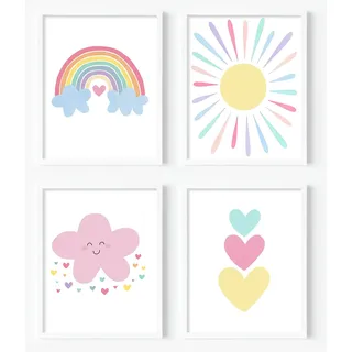 Rosa Kinderzimmer-Wandkunstdrucke für Mädchen, Leinwand, Regenbogenfarben, Pastell-Wanddekoration, Boho, rosa Wolke, bunte Sonnenschein-Herzen, Wandkunst für Kleinkinder, Mädchen, Baby, Kinderzimmer,