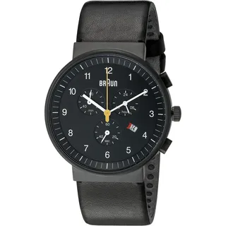 Braun Mens Chronograph with Date Analogue Quartz Watch, Black Dial and Black Leather Strap, 40mm Black Stainless Steel Case, Model BN0035BKBKG.