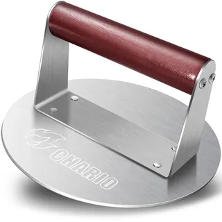 CNARIO Burgerpresse Edelstahl 16cm, Smash Burgerpresse mit Holzgriff | Burger Smasher, Hitzebeständig & Antihaft | Professionelle Patty Presse für Flat Top Grill, Grillplatte, BBQ | Leicht zu Reinigen