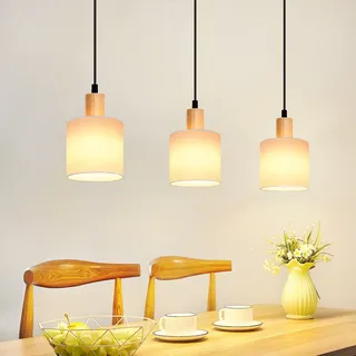 ZMH Pendelleuchte Holz Weiß Esstischlampe 3 Flammig Vintage Hängeleuchte E14 Hängelampe mit Stoffschirm für Wohnzimmer Restaurant Schlafzimmer Küche - Weiß