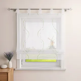 CORLIF Raffrollo Landhaus Raffgardine Küche Modern Schlaufenrollo Leinenoptik mit Wellenmuster Transparente Rollos Kurz Fenster Schal mit Schlaufen B/H 100/140 cm Grün