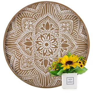 Hanobe Holztablett Deko Tablett Rund: Vintage Dekotablett Braun 45cm Rustikal Serviertablett Holz Klein Rundes Kerzen Tabletts Shabby Chic Kleines Kerzentablett Runde für Teelicht Küche Tisch