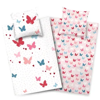 Aminata kids Bettwäsche 135x200 Schmetterlinge Mädchen Baumwolle Schmetterling YKK Reißverschluss Tier-Motiv Kinder-Wende-Bettwäsche-Set weiß rosa