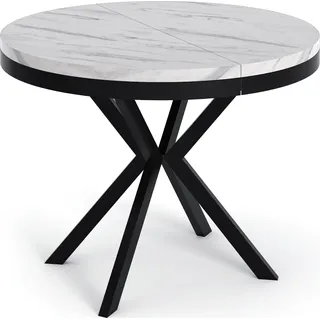 Runder Ausziehbarer Esstisch in Weißer Marmoroptik - Loft Style Tisch mit Metallbeinen - 90 bis 170 cm - Industrieller Tisch für Wohnzimmer - Kompakt - 90 cm - Marmor Weiß - Weiß