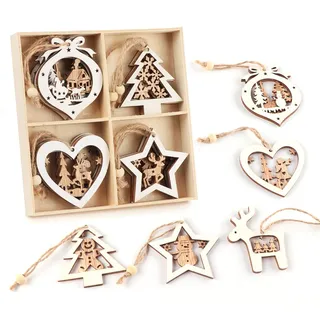 Sweelov 15 Stück Holz-Anhänger Schneeflocken baumschmuck weiße Holz Weihnachts-Anhänger Hängeornamente Weihnachtsanhänger Vintage Verzierung Deko