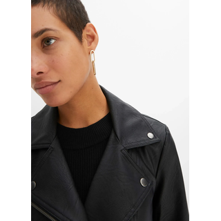 Bikerjacke BONPRIX, Damen, Gr. 40, schwarz, Web, Obermaterial: 100% Viskose. Futter: 100% Polyester, unifarben, figurumspielend taillenbedeckt, mit Riegel angesetztes Bündchen mit Druckknopf, Jacken Bikerjacke, mit Gürtelschlaufen und abnehmbarem Gürtel am Bund, aus Lederimitat