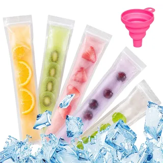 Stalora 100 Stück Wassereis Tüten mit Silikontrichter, BPA-freie Eisbeutel zum Befüllen, Wiederverwendbare Wassereis Formen für DIY Eis am Stiel, Joghurt, Saft und Smoothies, Eistüten Plastik,5.5*28cm
