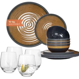 Melamin Camping Geschirr Set 4 Personen Stone Curry + 4 Tiamo Gläser Wassergläser Tafelgeschirr Picknick BBQ Kochgeschirr - Orange