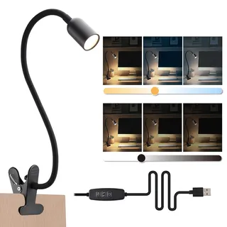 da LIGHT Leselampe Bett Klemme, LED Schreibtischlampe Klemmbar mit 3 Farbtemperaturen, Dimmbare Klemmlampe Bett, USB Tischlampe mit Kabel Schwarz für Studieren Lesen Arbeiten
