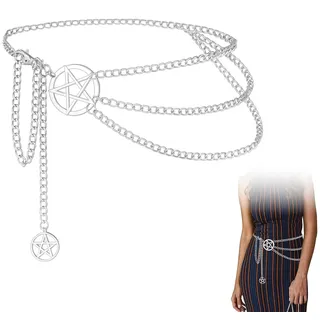 ARYIMYDP Goth Mehrschichtig Hosenkette, Y2K Accessoires Kettengürtel Damen, Verstellbare Taillengürtel mit Pentagramm Gothic Schmuck, Kettengürtel Silber Gothic für Kleider Jeans