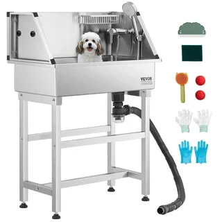 Vevor Hundewaschstation aus Edelstahl, 870x490x1225mm Tierpflegewanne mit Wasserhahn, Duschkopf, Seifenhalter & Spielbällen, Hundebadewanne für mehrere Haustiere, Waschbecken für zu Hause