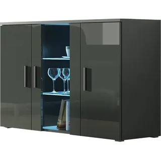Furniture24 Kommode mit Blauer LED Beleuchtung SOHO S7 Sideboard Schrank Wohnzimmerschrank mit 3 Türen Grau/Grau Hochglanz - Schwarz