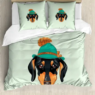 ABAKUHAUS Dackel Bettbezug, Hipster-Hund und Hut, Milbensicher Allergiker geeignet mit Kissenbezügen, 155 cm x 220 cm - 80 x 80 cm, Mehrfarbig