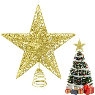 Jiaoshou Pan Christbaumspitze und Tannenbaum Aufstecker, Christbaumspitze Stern Gold Weihnachtsbaumschmuck, Passend zu Weihnachten (25cm)