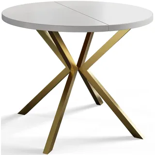 Alpi Moebel, Runder Esstisch Loft Liten, Modern Ausziehbarer Tisch 100-180 cm, Weiß mit Gold Metallbeinen