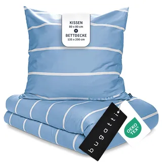 bugatti Bettwäsche 135x200 cm, 2-teilig - 100% Baumwolle, blau/weiß | hochwertiges Mako Satin Bettwäsche Set mit Reißverschluss, inkl. Kissenbezug: 80x80 cm, geprüfte Qualität, waschbar & weich