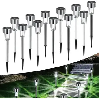 Solarbetriebene Gartenleuchten - Pack von 12 wasserdichten Edelstahl Solarleuchten für Einfahrt, Terrasse, Rasen und Gartendekoration (Kaltweiß)