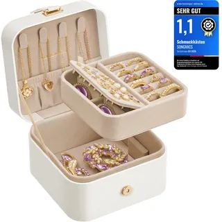 SONGMICS GISELLA Kollektion - Schmuckkästchen Reise mit 2 Ebenen, Schmuckkasten klein, Schmuckaufbewahrung, tragbar, für größere Accessoires, Geschenkidee, 11,2 x 11,8 x 7,2 cm, wolkenweiß JBC185W03