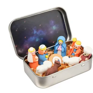 Henjunu Weihnachtskrippe mit Figuren, Weihnachten Krippenszene Set, Krippenset Born Scene, Geburt Belen Weihnachten, Figuren Krippe, Weihnachtsdeko Indoor, In Einer Metalldose
