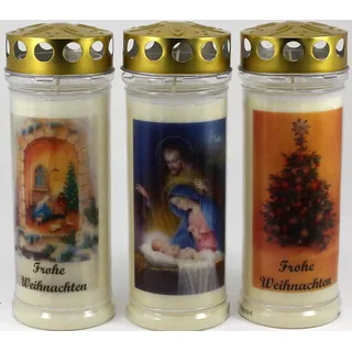 Kerzen Junglas - 3er Set Grabkerzen Weihnachten mit 7 Tagen Brenndauer, (3861), schöne Grablichter mit Spruch und Motiv, Grabkerzen mit Deckel, Grabschmuck wetterfest, Trauerkerzen mit Spruch