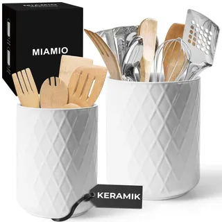 MIAMIO – Küchenutensilienhalter Keramik / Küchen Organizer Set für die Aufbewahrung von Besteck, Kochlöffel und Zubehör - Palmanova Kollektion (Weiß)