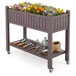 FANTASK Blumenkasten mit Ablage & 4 Rollen, Hochbeet mit Wasserstandsanzeiger & Ablauflöchern, Gartenbeet aus Kunststoff & Metall, Kräuterbeet Gemüsebeet, Anzuchtbeet für Balkon Garten Terrasse, Braun