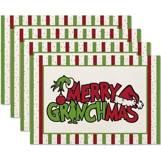 Ohok Weihnachten Tischsets Abwaschbar 4er Set, Polyester Leinen Platzdeckchen 30x45cm, Weihnachten Tischuntersetzer Platzsets für Küche Speisetisch Hotel Weihnachts Tischdeko (Grinchmas Streifen)