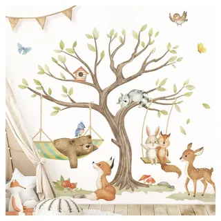 DEKO KINDERZIMMER Wandtattoo Waldtiere Baum Wandsticker für Babyzimmer Bär Fuchs REH Wandaufkleber Kinderzimmer Schlafzimmer Wanddeko DK1134-04