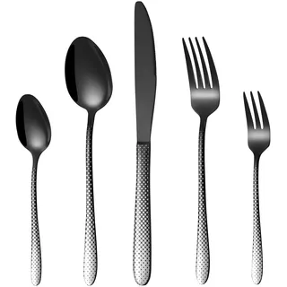 Besteck Set Schwarz 6 Personen, HONKKU 30 Teilig Edelstahl Besteckset, Essbesteck mit Einzigartiges Laserpunktmuster, Messer Gabel und Löffel Set Spülmaschinenfest