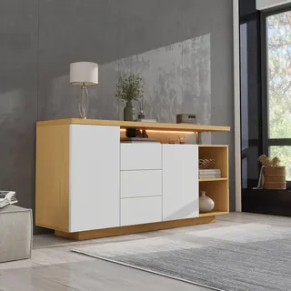 Sweiko Multifunktionales Sideboard, Länge 140 cm, weiß und Holzimitat - 2 Türen, 3 Schubladen, 2 offene Fächer, mit LED-Beleuchtung
