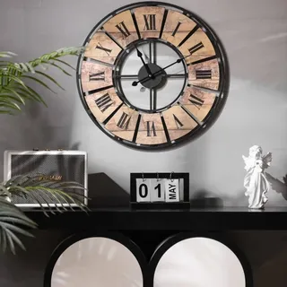 K&L Wall Art große Vintage Wanduhr Wohnzimmer Metalluhr Palettenholz Wanduhren ohne Tickgeräusche Moderne XL römische Ziffern (Metall Holzoptik, Ø 50 cm Antik Holz)