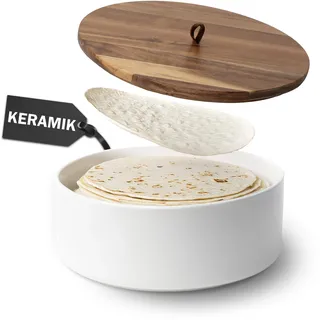 Tortillada - 23,5 cm Tortilla Wärmer mit Holzdeckel, Keramik Tortilla Warmer, Wrap Wärmer - Für Mikrowelle geeignet