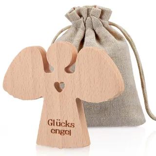 Holz Schutzengel Glücksengel Holzengel mit Herz Engel Glücksbringer Handschmeichler Mutmacher Geschenk Schutzengel Geschenk mit Baumwollsäckchen für Familie Freunde Prüfung Kinder Kommunionen Taufen