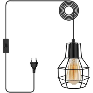 Vintage Hängelampe mit Stecker, Industrie Metall Käfig Pendellampe mit 600cm Kabel, Retro E27 Lampefassung Edison-Stil Schwarz, Plug in Hängeleuchte Kit für Farmhouse Loft Wohnzimmer