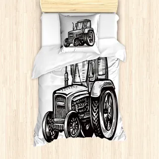 ABAKUHAUS Vintage Trucks Bettbezug Set für Einzelbetten, Landwirtschaft Traktor Kunst, Milbensicher Allergiker geeignet mit Kissenbezug, 135 cm x 200 cm - 80 x 80 cm, Dark Brown White