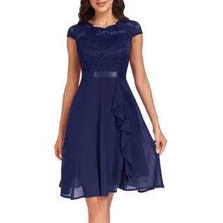 Kleid Hochzeitsgast Damen,Festliche Damen Elegant Kurzarm Abendkleider Spitze Rüschen Cocktailkleid Für Hochzeit Abschlusskleid Chiffonkleid
