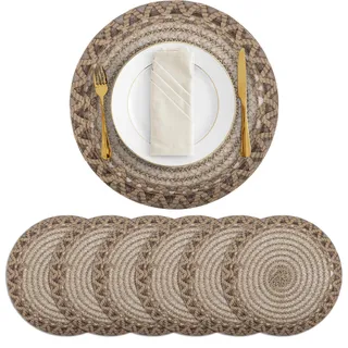 fanquare 38cm Runde Woven Platzsets Natürlich,6 Stück Braun Boho-Tischsets Jute und Polyester Geflochten,Abriebfeste Platzdeckchen für Dekor Küche Esstisch