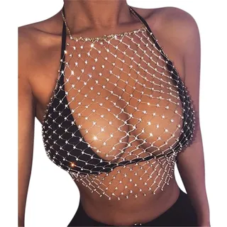 Sexy Damen-Neckholder-Tanktop mit Glitzer-Strass, glänzendes Netzgewebe, bauchfreies Top, Rave-Outfit, durchsichtiges Cami, Einheitsgröße, Strass Polyester Strasssteine