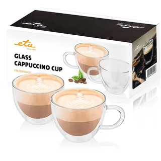 ETA Doppelwandige Cappuccino Gläser mit Henkel I 230ml I 2 Stück I Kaffeegläser I aus Borosilikatglas I Geringes Gewicht I Spülmaschinengeeignet