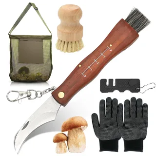 RANJIMA Pilzmesser mit Bürste, Schwammerlmesser mit Pinsel zum aufklappen, Pilzmesser Set mit Klappbar Taschenmesser, Messerschärfer,Handschuhe,Pilzbürste und Pilzbeutel, für Outdoor,Camping,Survival