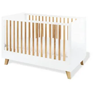Pinolino Gitterbett , Weiß, Eichefarben , Holz, Holzwerkstoff , Eiche , massiv , 75x93x145 cm , zum Juniorbett umbaubar, höhenverstellbar, Sprossen mit Normabstand, zum Sitzsofa umbaubar, Aufbauanleitung im Karton, Lattenrost inklusive, Schlupfsprossen , Babymöbel & Kindermöbel, Babyzimmer, Babybetten, Gitterbetten