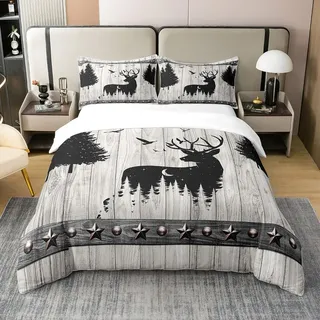 Land Cabin Lodge Dekor 100% Baumwolle Bettbezug 220x240,Jagd Hirsch Tröster Abdeckung,Rustikale Bauernhaus Wildlife Bettwäsche Set,Wald Abenteuer Quilt Cover Weiche Atmungsaktive Schlafzimmer Dekor
