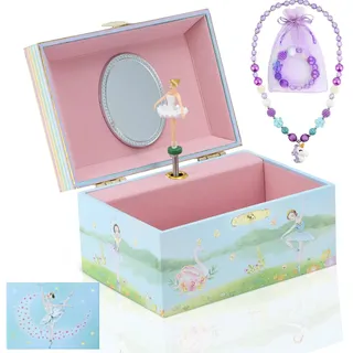hombrima Musik-Schmuckkästchen mit Halskette, Armband, Musik-Schmuck-Aufbewahrungsbox mit Drehender Ballerina, Geschenk-Set für Kinder, Mädchen, Tochter, Blau