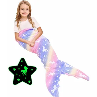 Ranedo Meerjungfrauenschwanz-Decke für Mädchen, leuchtet im Dunkeln, Einhorn-Flanell-Überwurf, weiche Ganzjahresdecke, tragbare Kuscheldecke, Geschenk für Kinder und Jugendliche, 110 × 45 cm, Lila