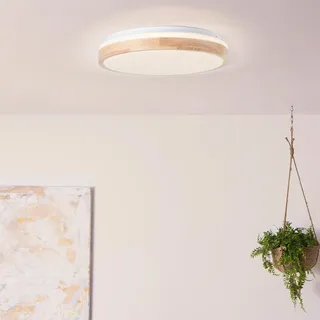 Lightbox LED Deckenlampe - Ø 39 cm - Deckenleuchte mit Holz Rahmen & warmweißer Lichtfarbe (3000 K) - 24 W - 2500 lm - für das Wohnzimmer - aus Metall/Holz (Kautschukbaum) - in Hell Braun/Weiß