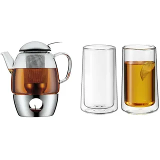 WMF SmarTea Teekanne mit Stövchen Set 3-teilig, Cromargan Edelstahl, Glaskanne 1l mit Siebeinsatz und Stövchen & SmarTea doppelwandige Latte Macchiato Gläser Set 2-teilig, doppelwandige Gläser 270ml