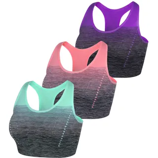 Sykooria Damen Sport BH Gepolstert Bustier Damen BH ohne Buegel Racerback Push up BH mit Farbverlauf Sport Top für Yoga Fitness, 3 PCS, Grün+violett+pink, M